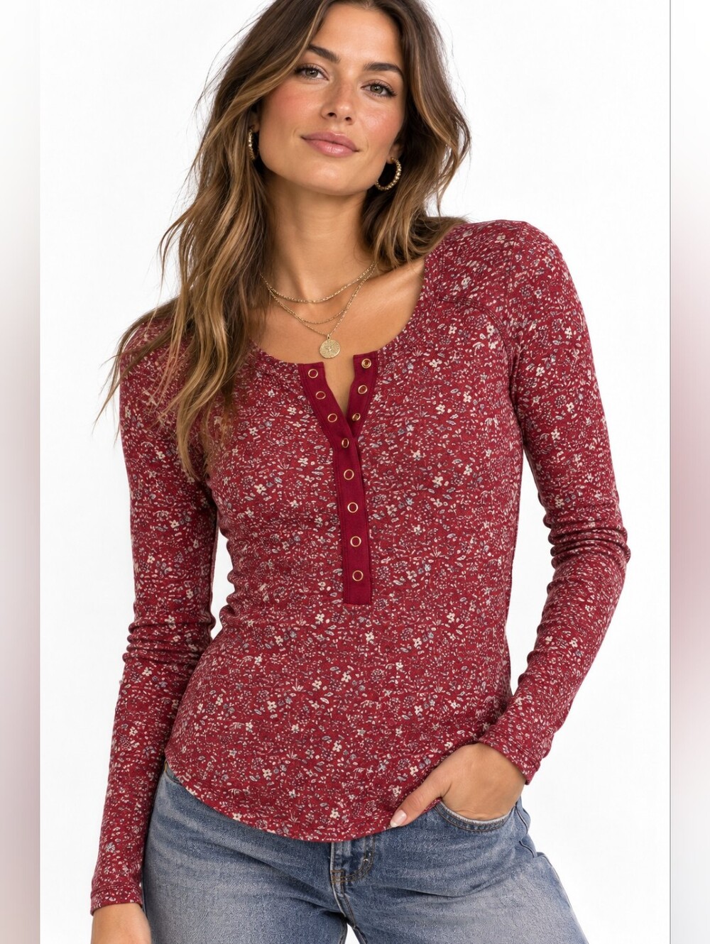 Natural Life Floral Snap Henley Long Sleeve Top Small NWT